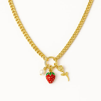 Collier doré fraise perle acier inoxydable 316L plaqué or 18K pendentif fraise émaillé - Chéri Chérie