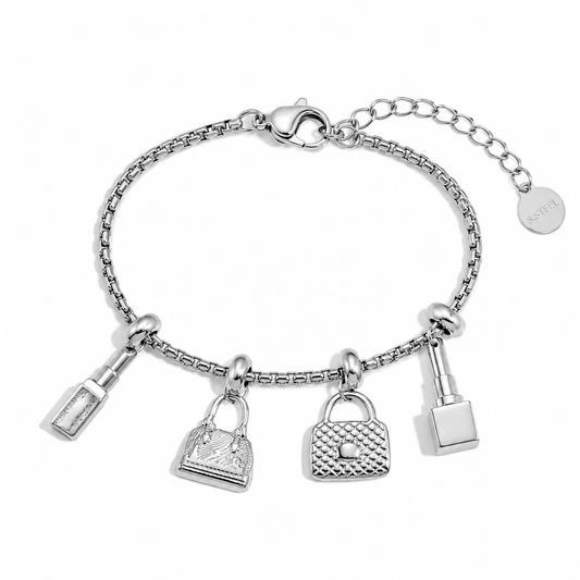 Bracelet Breloques Argenté – Sac & Rouge à Lèvres Chéri Chérie