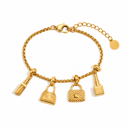 Bracelet Breloques Plaqué Or 18K – Sac & Rouge à Lèvres Chéri Chérie