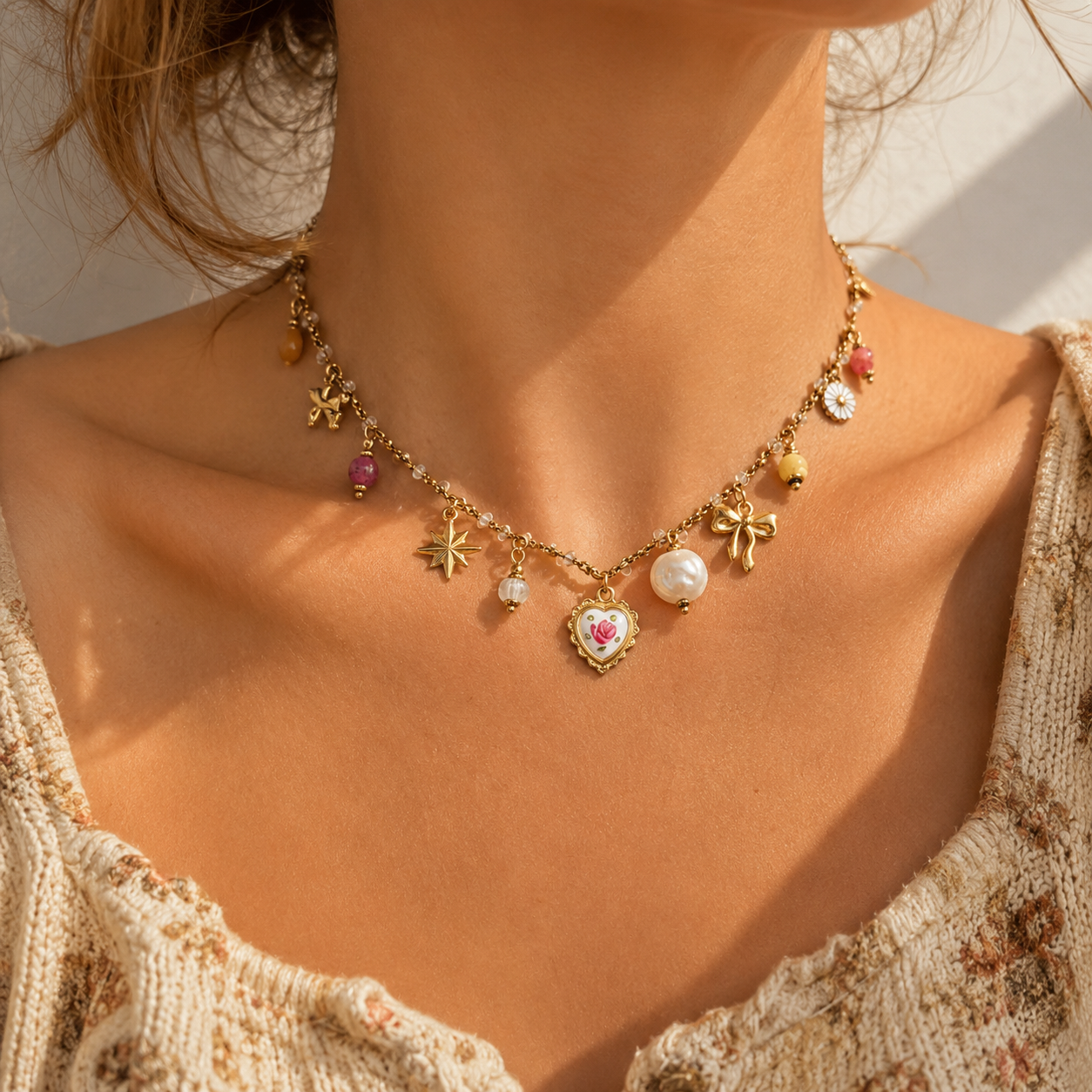 Collier Cordon Plaqué Or 18K – Porcelaine, Perles & Breloques Chéri Chérie