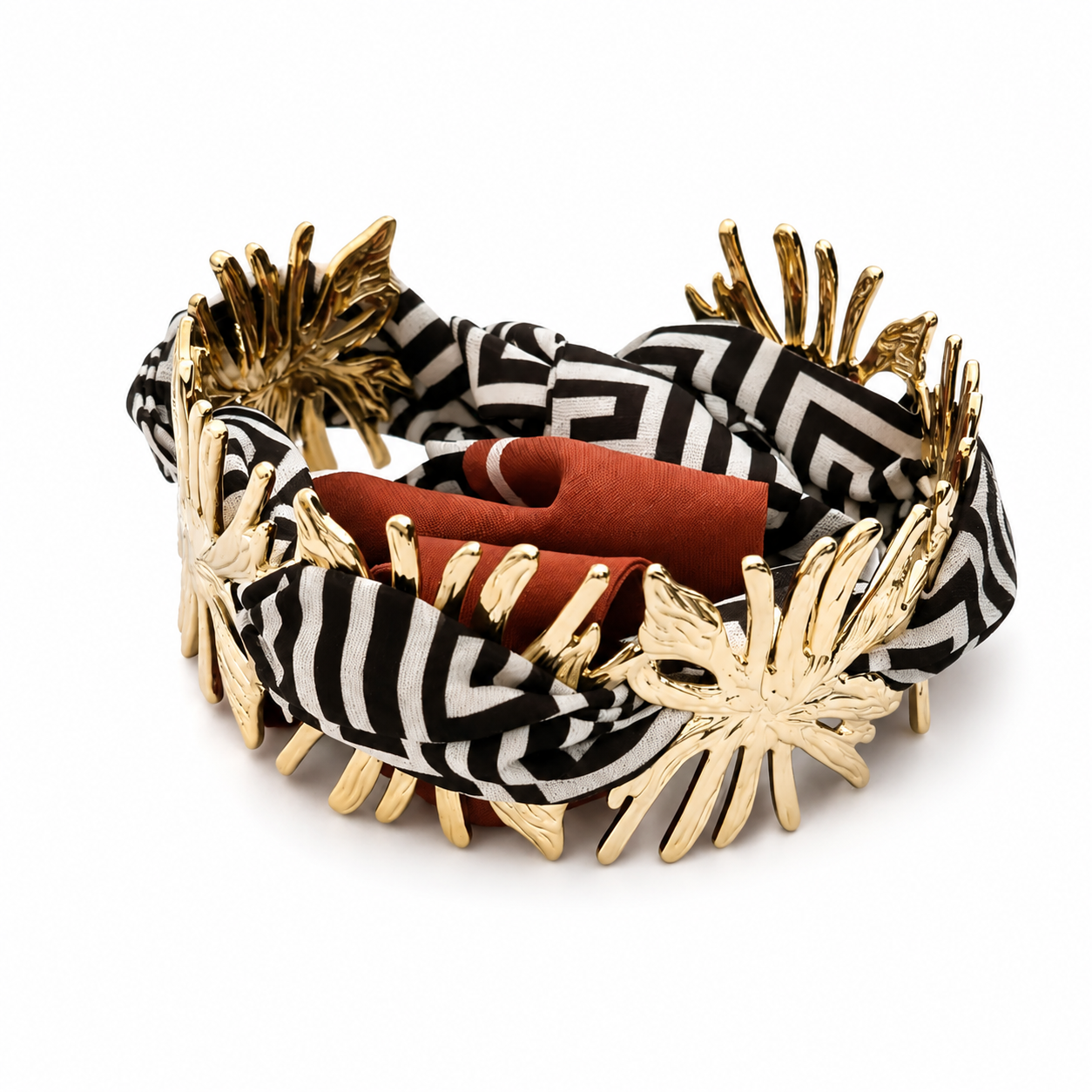 Bracelet Tissu & Maillons Fleurs Dorées – Motif Graphique Noir & Blanc Chéri Chérie