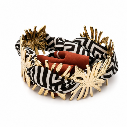Bracelet Tissu & Maillons Fleurs Dorées – Motif Graphique Noir & Blanc Chéri Chérie