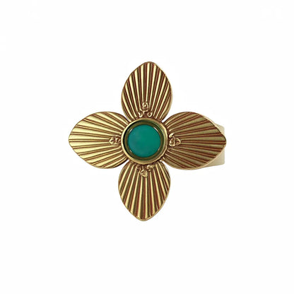 Bague Fleur Art Déco feuilles striées pierre centrale verte acier chirurgical 316L – Chéri Chérie