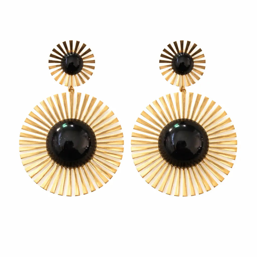 Boucles d'oreilles Marguerite soleil doré résine noire acier inoxydable 316L - Chéri Chérie