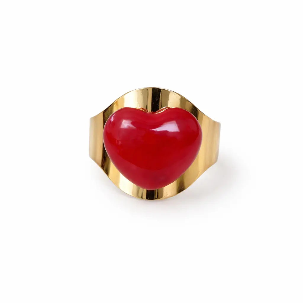 Bague Apolline cœur rouge oversize monture dorée XXL acier chirurgical 316L – Chéri Chérie