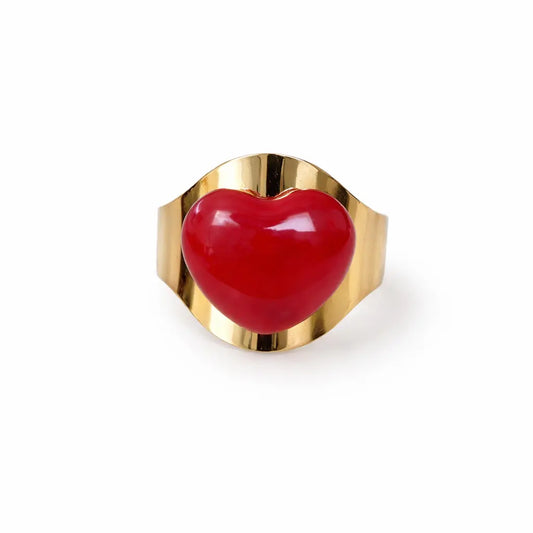Bague Apolline cœur rouge oversize monture dorée XXL acier chirurgical 316L – Chéri Chérie