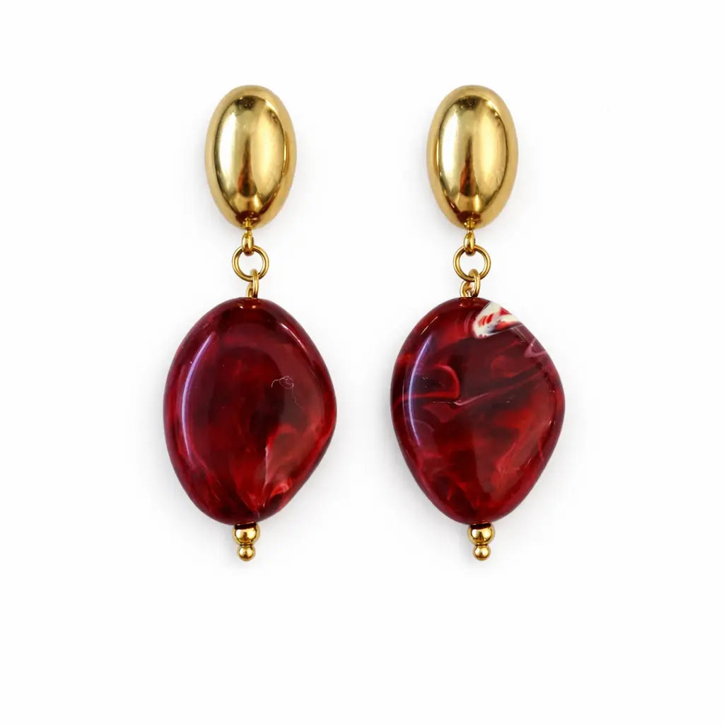 Boucles d'oreilles Eugénie pierre rouge marbre dorées acier inoxydable 316L - Chéri Chérie