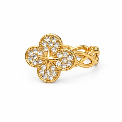 Bague Aurore trèfle 4 feuilles zircons plaqué or 18K acier inoxydable 316L - Chéri Chérie