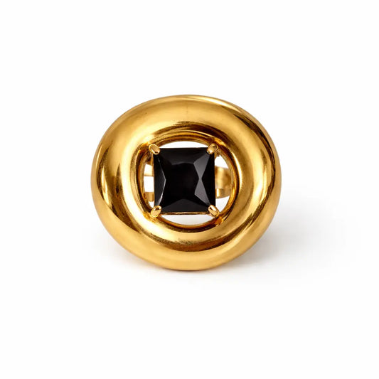 Bague Joséphine design architectural double anneau doré pierre noire zircon cubique - Chéri Chérie
