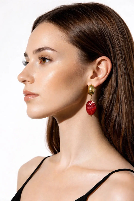 Boucles d'oreilles Eugénie pierre rouge transparente effet marbre clou doré ovale - Chéri Chérie
