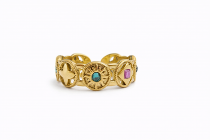 Bague Céleste Multicolore – Soleil, Étoile & Cristaux Dorés Chéri Chérie