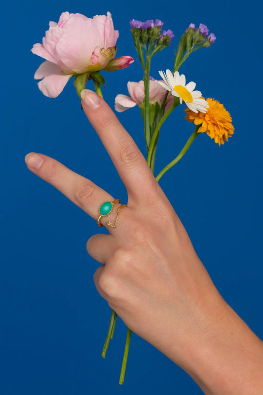 Détail chaînette et pierre amazonite ovale bague dorée ajustable – Chéri Chérie