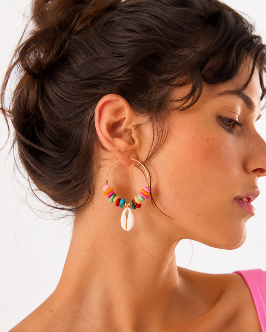 Boucles d'oreilles Créoles Corail & Coquillage