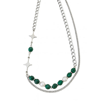 Collier double homme acier inoxydable 316L perles malachite 49-56 cm - Chéri Chérie