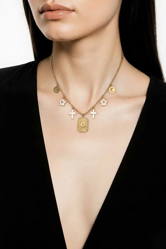 Collier Solange- Chaîne Billes Dorée Médaille Sole Symboles Chéri Chérie