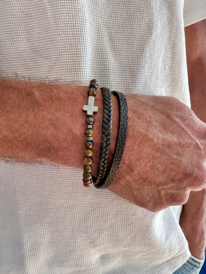 Bracelet triple rangs homme cuir pierres naturelles porté poignet homme - Chéri Chérie
