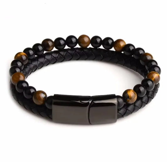 Bracelet double en cuir et pierres naturelles