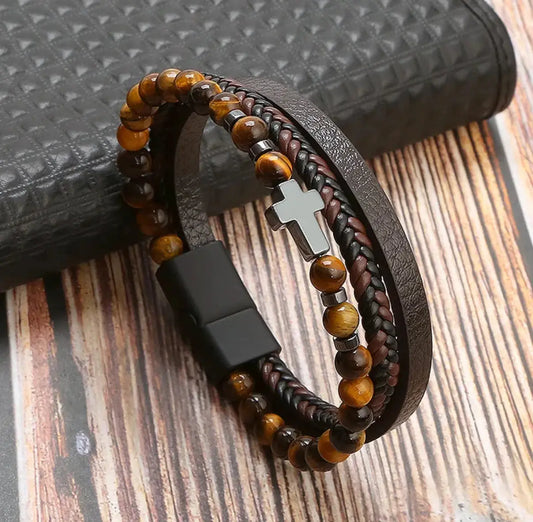 Bracelet triple rangs simili cuir pierres naturelles design moderne - Chéri Chérie
