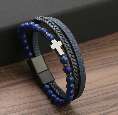 Bracelet triple rang pierres naturelles cuir design moderne - Chéri Chérie
