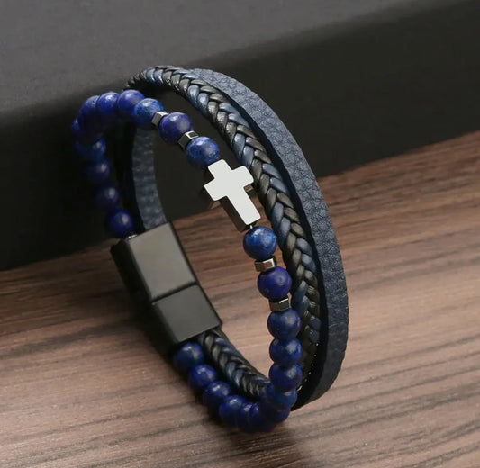 Bracelet triple rang pierres naturelles cuir design moderne - Chéri Chérie
