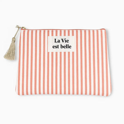 Pochette rayée corail et blanc patch La Vie est Belle – Chéri Chérie