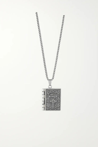 Collier Holy Book pendentif livre ouvrant gravure Notre Père acier 316L argent vieilli - Chéri Chérie