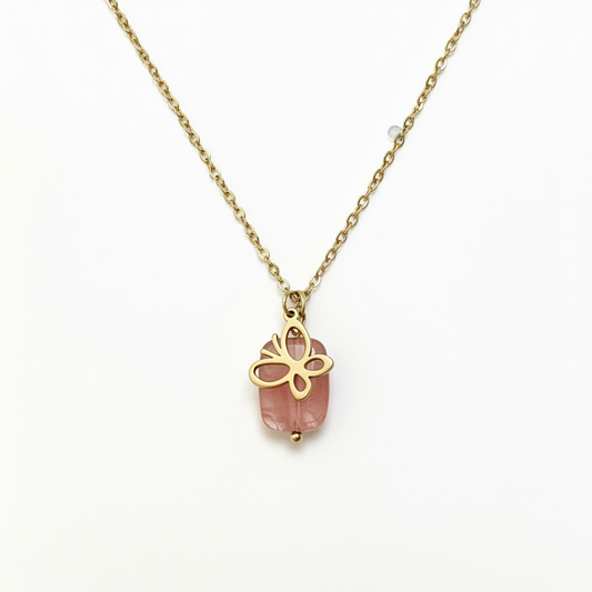 Collier Quartz Rose & Papillon Doré