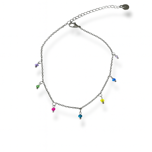 Chaîne de cheville argent avec petites breloques colorés