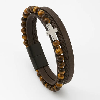 Bracelet triple rangs homme cuir pierres naturelles 20,5 cm - Chéri Chérie