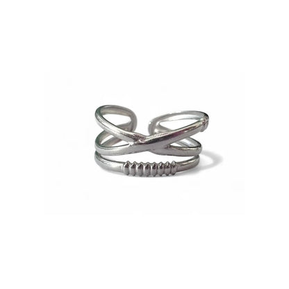 Bague croisée argentée striée double anneau croisé acier 316L ajustable – Chéri Chérie