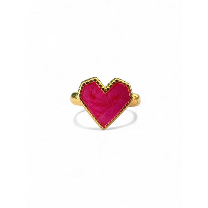 Bague cœur fuchsia dorée cœur rose marbré bord perlé acier 316L ajustable – Chéri Chérie