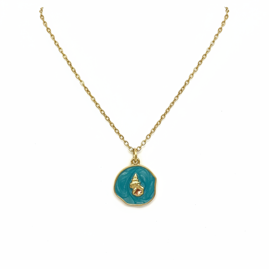 Collier Médaillon Turquoise & Coquillage Doré — Chaîne Fine Dorée