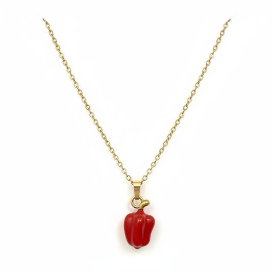 Collier Poivron Rouge — Pendentif Résine & Chaîne Fine Dorée