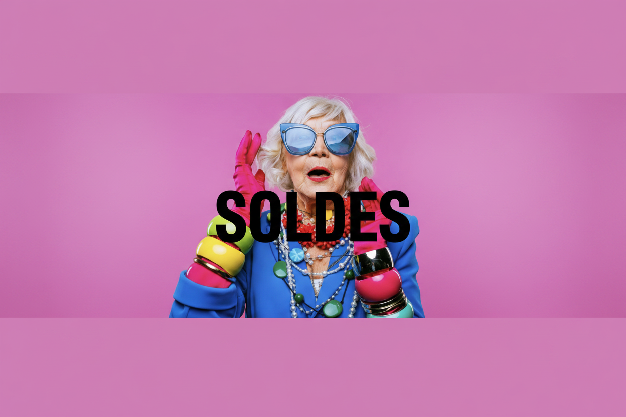 Bannière Soldes d'été Chéri Chérie : femme senior avec lunettes de soleil bleues et bijoux colorés sur fond rose
