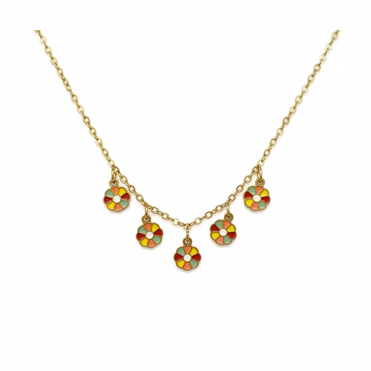 Collier Multi-Fleurs Émail — 5 Marguerites Colorées & Chaîne Dorée
