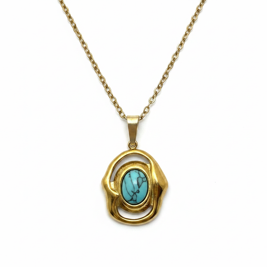 Collier Turquoise & Monture Sculptée Dorée — Chaîne Fine Dorée