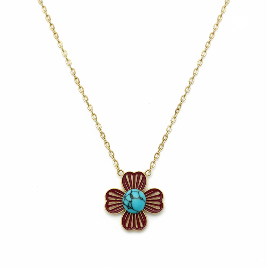 Collier Grande Fleur — Pétales Bordeaux & Cœur Turquoise