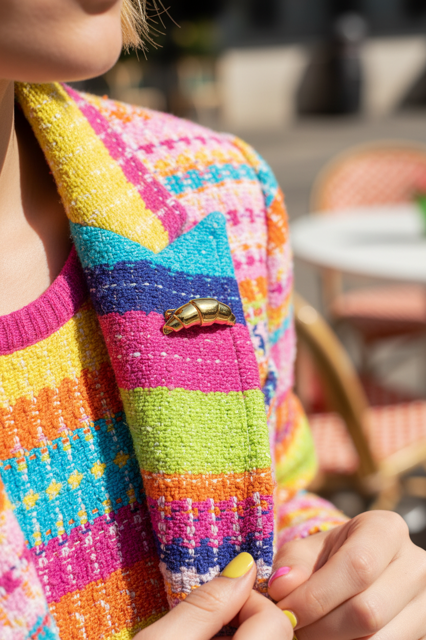 Broche croissant dorée portée sur une tenue colorée – Chéri Chérie