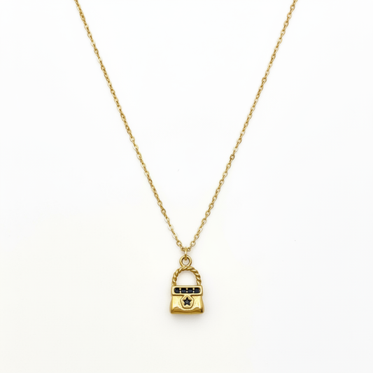 Collier Mini Sac à Main — Charm Doré & Chaîne Fine Dorée