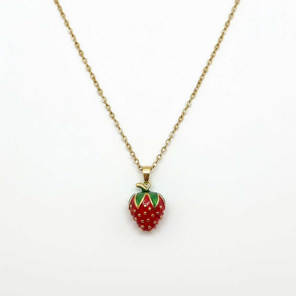 Collier Fraise 3D — Pendentif Volume Émail Rouge & Vert